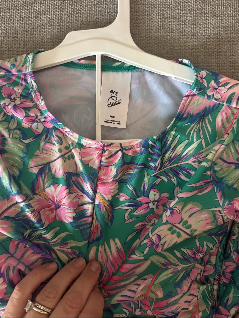 Girls Floral Rash Guard 3 piece Set - Green & Pink Tropical Print 8 (M) youth - Picture 2 of 5
